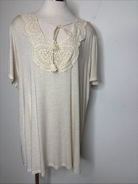 P.S. Love Crochet-Neck Short Sleeve Tee in Cream